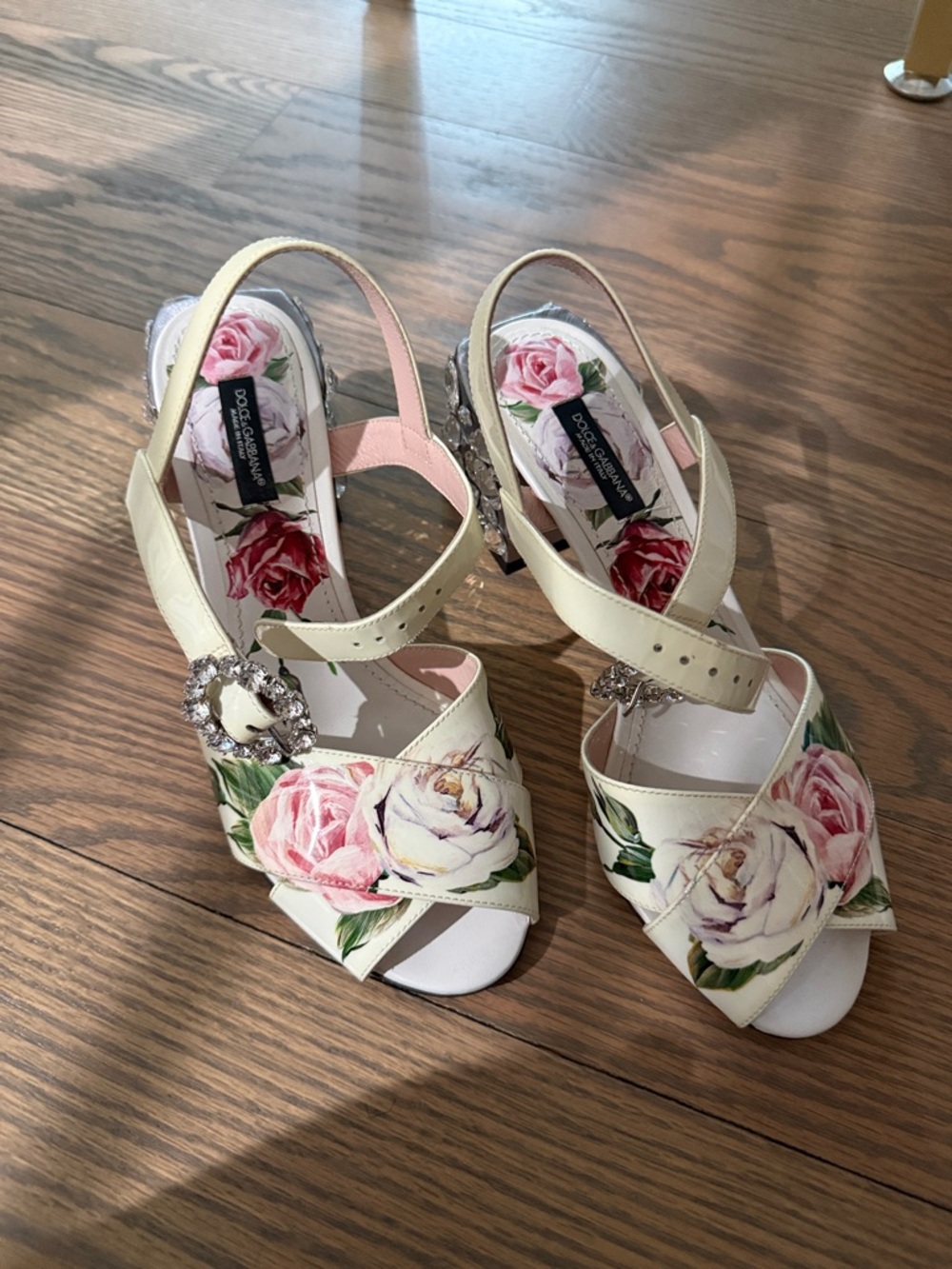 Dolce & Gabbana Cream Floral Crystal Buckle Slingback Heels